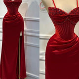 Niulatu Sheath Spaghetti Straps Long Satin Elegant Red Prom Dress With Beads HZ1110