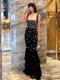 Niulatu Straps Black Tulle Beads Long Prom Dress HZ1110