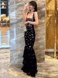 Niulatu Straps Black Tulle Beads Long Prom Dress HZ1110