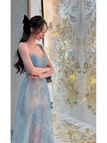 Niulatu Line Scoop Neckline Sleeveless Lace Blue Prom Dress HZ1110