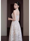 Niulatu Line Scoop Sleeveless Lace White Ankle Length Prom Dress HZ1110