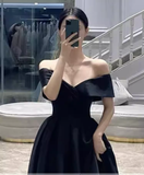 Niulatu A line Off The Shoulder Satin Black Long Prom Dresses HZ1110
