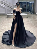 Niulatu A line Off The Shoulder Satin Black Long Prom Dresses HZ1110
