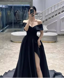Niulatu A line Off The Shoulder Satin Black Long Prom Dresses HZ1110