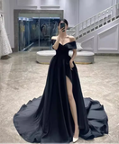 Niulatu A line Off The Shoulder Satin Black Long Prom Dresses HZ1110