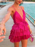 Niulatu Hot Pink Pleated V-neck Homecoming Dresses With Ruffle Skirt HZ1110