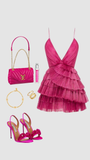Niulatu Hot Pink Pleated V-neck Homecoming Dresses With Ruffle Skirt HZ1110