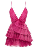 Niulatu Hot Pink Pleated V-neck Homecoming Dresses With Ruffle Skirt HZ1110