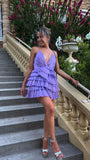 Niulatu A line Pleated V-neck Lilac Homecoming Dresses With Ruffle Skirt HZ1110