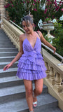 Niulatu A line Pleated V-neck Lilac Homecoming Dresses With Ruffle Skirt HZ1110
