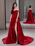 Niulatu Sheath Off The Shoulder Satin Red Long Prom Dresses HZ1110