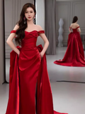Niulatu Sheath Off The Shoulder Satin Red Long Prom Dresses HZ1110