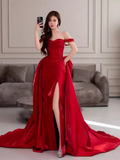Niulatu Sheath Off The Shoulder Satin Red Long Prom Dresses HZ1110