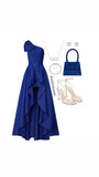 Niulatu A line One Shoulder Satin Royal Blue Long Prom Dresses With Ruffles HZ1110