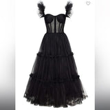 Niulatu A line Straps Tulle Black Prom Dresses With Ruffles HZ1110