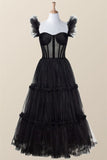 Niulatu A line Straps Tulle Black Prom Dresses With Ruffles HZ1110