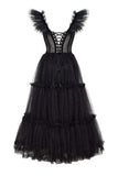Niulatu A line Straps Tulle Black Prom Dresses With Ruffles HZ1110