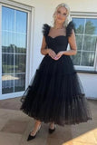 Niulatu A line Straps Tulle Black Prom Dresses With Ruffles HZ1110
