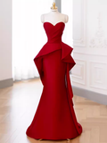 Niulatu Mermaid Strapless Red Satin Long Prom Dresses HZ1110