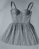 Niulatu Spaghetti Straps Glitter Sliver Short Homecoming Dress Birthday Outfit HZ1110