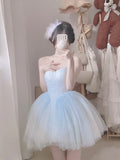 Niulatu Blue Balletcore Lace Bustier Dress Basque Waist Homecoming Dress Birthday Outfit HZ1110