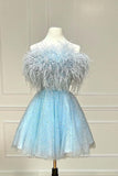 Niulatu Blue Feather A-Line Short Homecoming Dress Birthday Outfit HZ1110