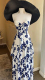 Niulatu A line Strapless Sleeveless Royal Blue Floral Prom Dress HZ1110