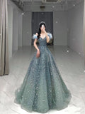 Niulatu A line Off The Shoulder Cap Sleeves Tulle Beads Prom Dress HZ1110