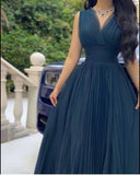 Niulatu A line V neckline Tulle Navy Blue Long Prom Dress HZ1110