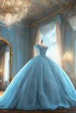 Niulatu Ball Gown Off The Shoulder Tulle Long Light Sky Blue Formal Sweet 16 Dress Prom Dresses HZ1110