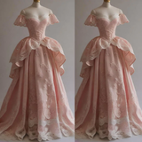 Niulatu Ball Gown Off The Shoulder Pink Satin Lace Long Prom Dress HZ1110