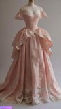 Niulatu Ball Gown Off The Shoulder Pink Satin Lace Long Prom Dress HZ1110
