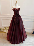 Niulatu A-Line Burgundy Organza Burgundy Long Prom Dress HZ1110