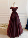 Niulatu A-Line Burgundy Organza Burgundy Long Prom Dress HZ1110