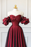 Niulatu A line Off The Shoulder Burgundy Tulle Long Evening Dress Prom Dresses HZ1110