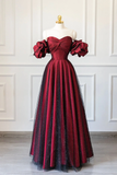 Niulatu A line Off The Shoulder Burgundy Tulle Long Evening Dress Prom Dresses HZ1110