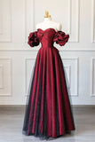 Niulatu A line Off The Shoulder Burgundy Tulle Long Evening Dress Prom Dresses HZ1110