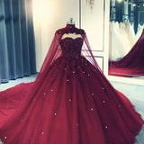 Niulatu Hot Ball Gown Lace Burgundy Quinceanera Dresses With Cape Long Prom Dresses HZ1110