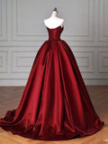 Niulatu A line Strapless Burgundy Satin Long Evening Dress Prom Dresses HZ1110