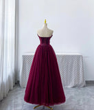 Niulatu A line Strapless Burgundy Tulle Evening Dress Prom Dresses HZ1110