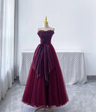 Niulatu A line Strapless Burgundy Tulle Evening Dress Prom Dresses HZ1110