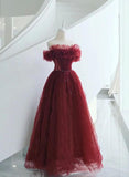 Niulatu A line Off The Shoulder Burgundy Tulle Evening Dress Prom Dresses HZ1110