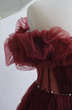Niulatu A line Off The Shoulder Burgundy Tulle Evening Dress Prom Dresses HZ1110