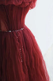 Niulatu A line Off The Shoulder Burgundy Tulle Evening Dress Prom Dresses HZ1110