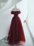 Niulatu A line Off The Shoulder Burgundy Tulle Evening Dress Prom Dresses HZ1110
