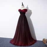 Niulatu A line Off The Shoulder Burgundy Tulle Evening Dress Prom Dress HZ1110