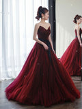 Niulatu Ball Gown Strapless Burgundy Tulle Evening Dress Prom Dress HZ1110