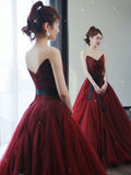 Niulatu Ball Gown Strapless Burgundy Tulle Evening Dress Prom Dress HZ1110