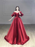 Niulatu Ball Gown Off The Shoulder Burgundy Satin Evening Dress Prom Dress HZ1110