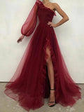 Niulatu A line One Shoulder Long Sleeve Burgundy Slit Evening Dress Prom Dress HZ1110